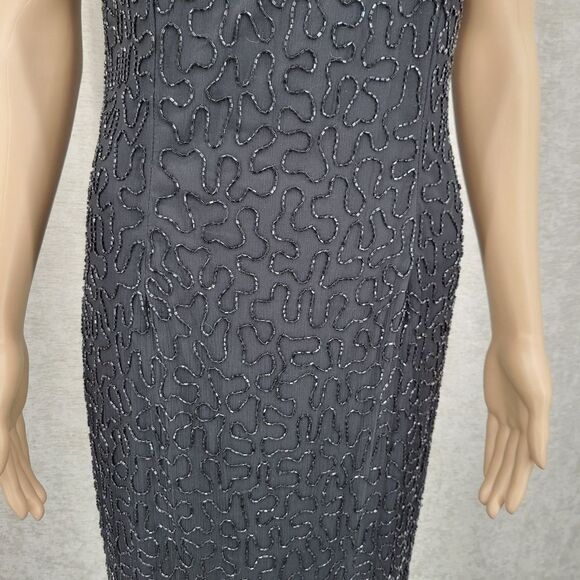 Brilliante Vintage Silk Column Black Dress Beaded Formal Illusion Neck and Back - Picture 7 of 16